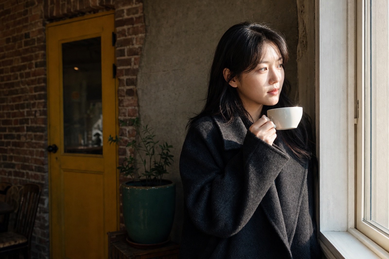A person drinking tea beside a sunlit window